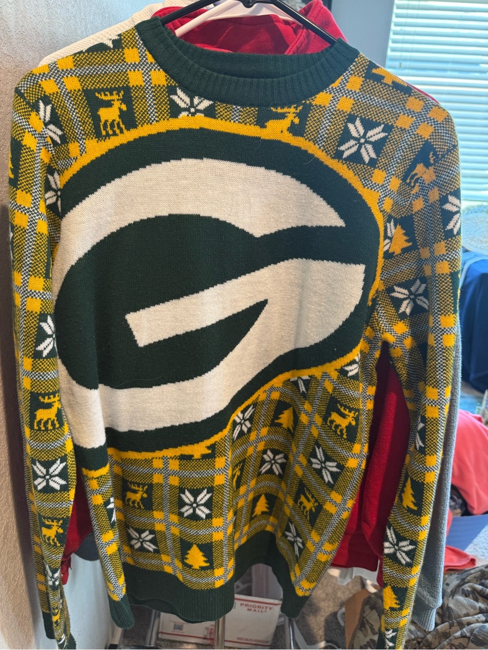 NFL Green & Gold Plaid Crewneck Sweater with Team Logo GREENBAY SZ S